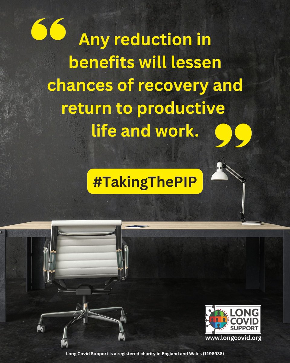 🚨1/5. Cutting PIP will:
 
⚠️ Push people further away from work
 
⚠️ Increase poverty
 
⚠️ Drive decline in health &amp; independence
 
See what people said below ⬇️ 
 
📧 Contact your MP today &amp; ask them to oppose the proposed welfare changes!!
 
#LongCovid
#TakingThePIP