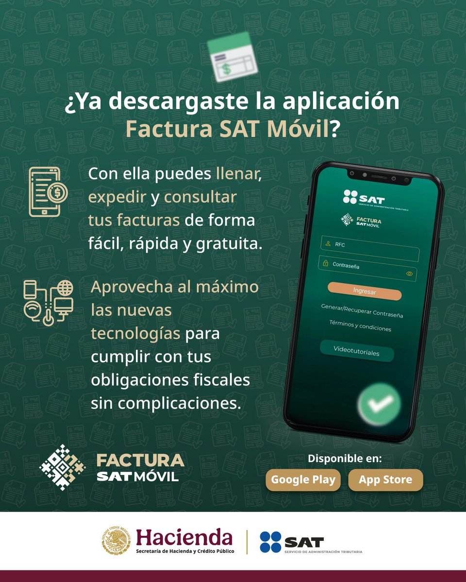 Utiliza la aplicación Factura SAT Móvil para llenar, expedir y consultar facturas desde tu celular.

Descárgala gratis en:

Google Play: play.google.com/store/apps/det…… 

App Store: apps.apple.com/mx/app/sat-fac…