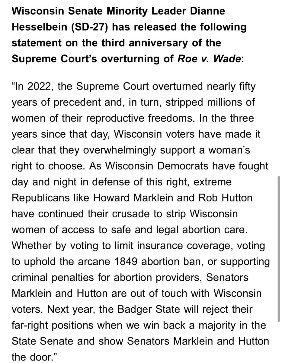 Since Roe v. Wade was overturned, republicans like <a href="/SenMarklein/">Senator Howard Marklein</a> and <a href="/SenHutton/">Sen. Rob Hutton</a> have continued to attack abortion access. 

They’ve voted to:
❌ uphold WI’s 1849 abortion ban
❌ criminalize doctors
❌ force women to undergo invasive ultrasounds

Wisconsin voters have had enough.