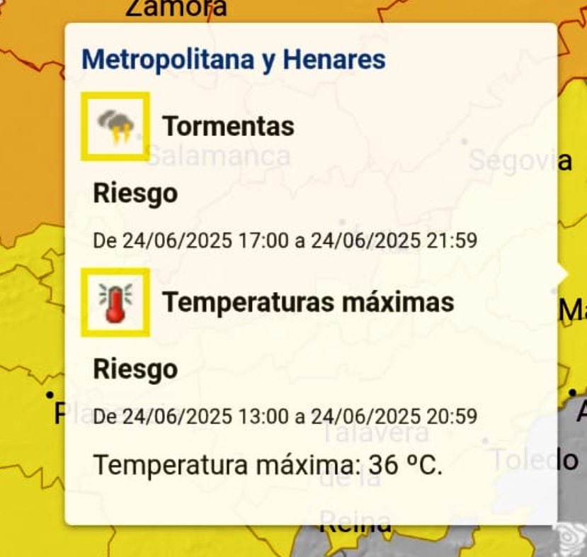 SERVICIO PÚBLICO |
🟡 Ante el reciente aviso amarillo con posibilidad de tormentas emitido por <a href="/112cmadrid/">112 Comunidad de Madrid</a> <a href="/AEMET_Madrid/">AEMET_Madrid</a> rogamos que se eviten las zonas arboladas. 

🌳🔐 Para garantizar la seguridad de todos los usuarios se adelantará el cierre de los parques municipales.