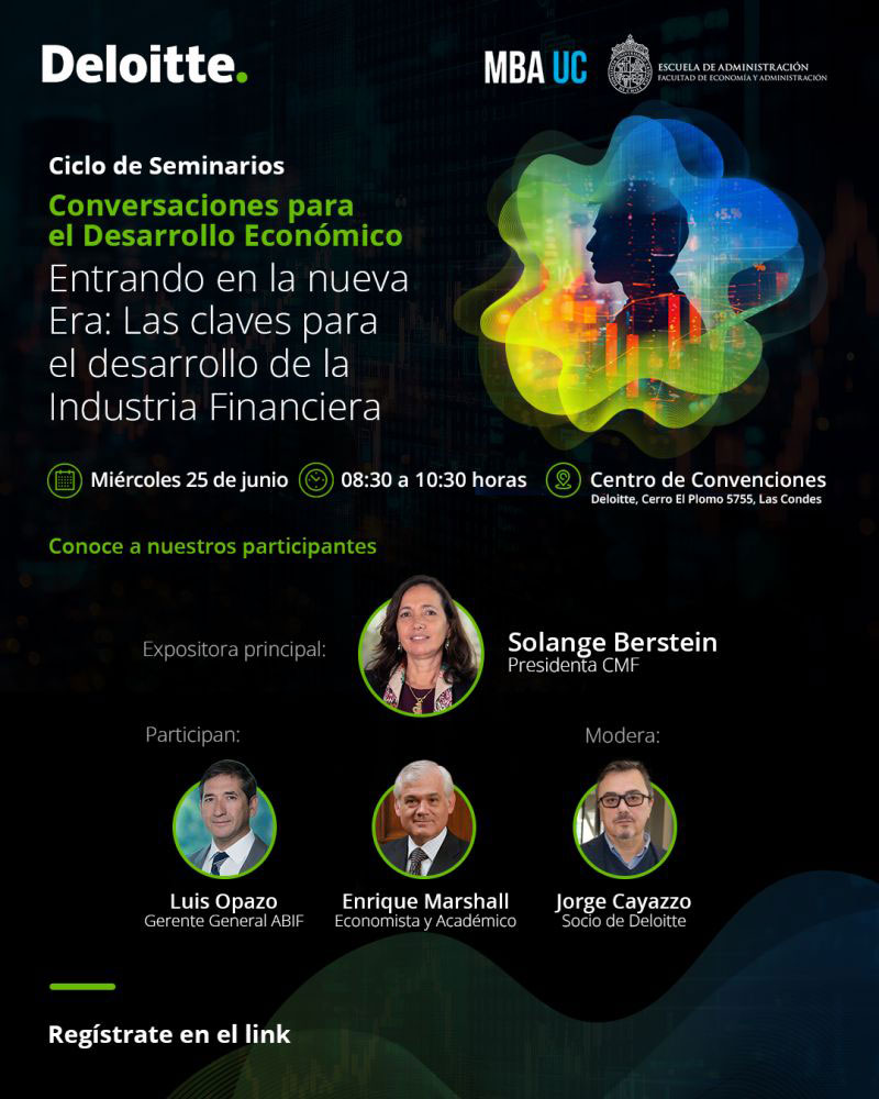 [SEMINARIO 📰] Enrique Marshall, economista y director de nuestro programa, participará en el panel del ciclo Conversaciones para el Desarrollo Económico, junto a Solange Berstein (CMF) y Luis Opazo (ABIF).
🗓️ ¡Inscríbete! 👉 delo.tt/60474VhT5

🌐 magisterbanca.cl