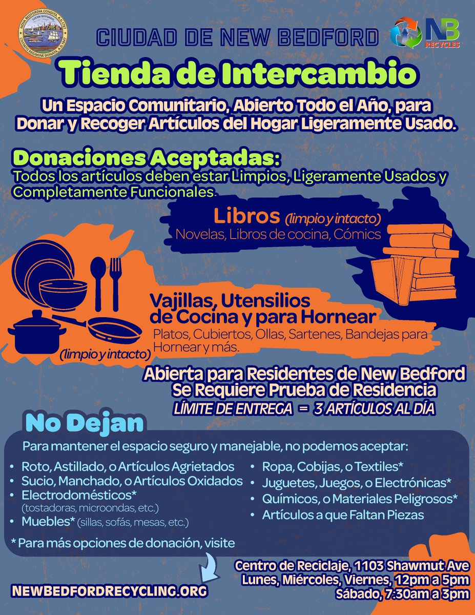 The Swap Shop is now officially open!😄 New Bedford residents can drop off and pick up reusable items, completely free of charge. The program includes books, tableware (such as dishes and silverware), cookware, and bakeware (like pots, pans, and baking sheets).