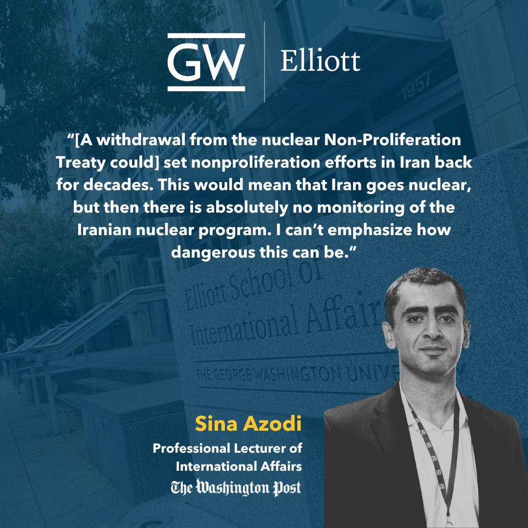 The Elliott School (@elliottschoolgw) on Twitter photo Sina Azodi, professorial lecturer of international affairs, was quoted by The Washington Post in the article “Iran says ‘all options’ on table; bigger conflict may threaten regime’s survival,’’ by Susannah George and Yeganeh Torbati.
Read more ⬇️ 
washingtonpost.com/world/2025/06/… Sina Azodi, professorial lecturer of international affairs, was quoted by The Washington Post in the article “Iran says ‘all options’ on table; bigger conflict may threaten regime’s survival,’’ by Susannah George and Yeganeh Torbati.
Read more ⬇️ 
washingtonpost.com/world/2025/06/…