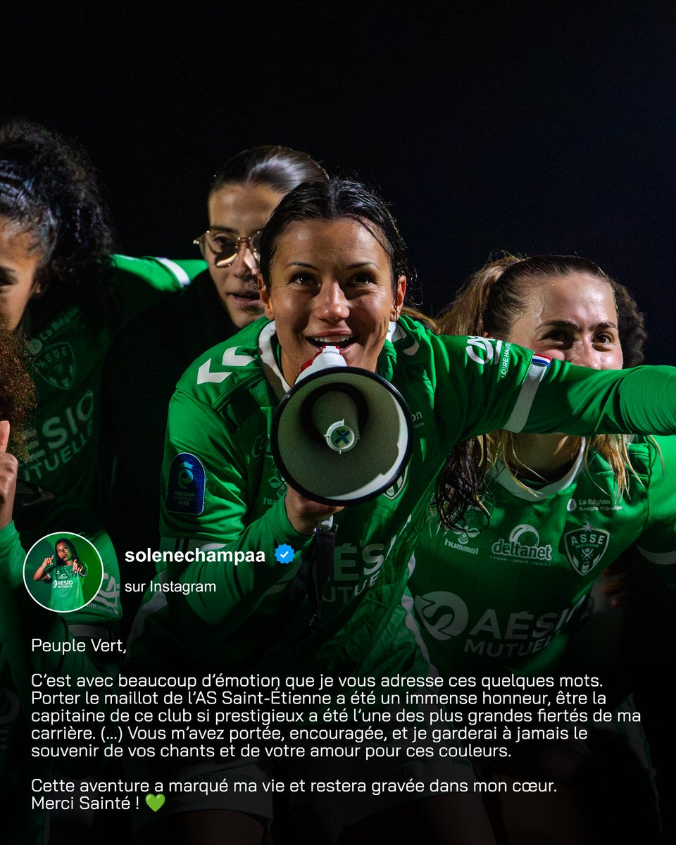 💚 Le meilleur pour la suite, Solène ! 

Stéphanoise depuis deux saisons et capitaine des Vertes, Solène Champagnac quitte l'ASSE. L'ensemble du club lui souhaite bonne chance pour la suite de sa carrière ! 👏