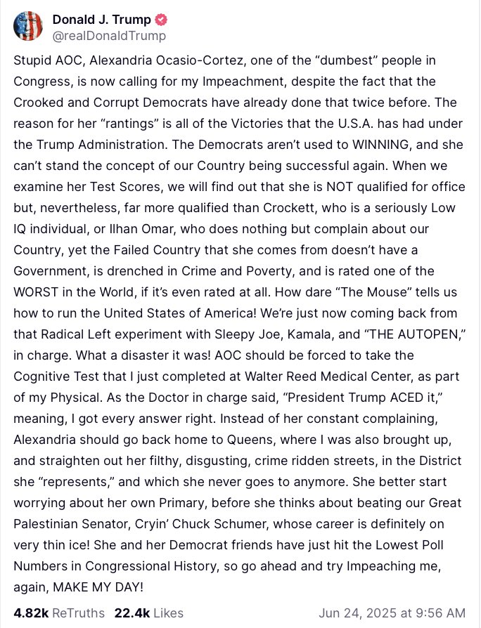 AOC graduated cum laude from Boston University with a degree in International Relations and Economics, and brings receipts in every hearing.

Trump bragged about passing a dementia test because he thought it was an IQ test, and stared directly into a solar eclipse.