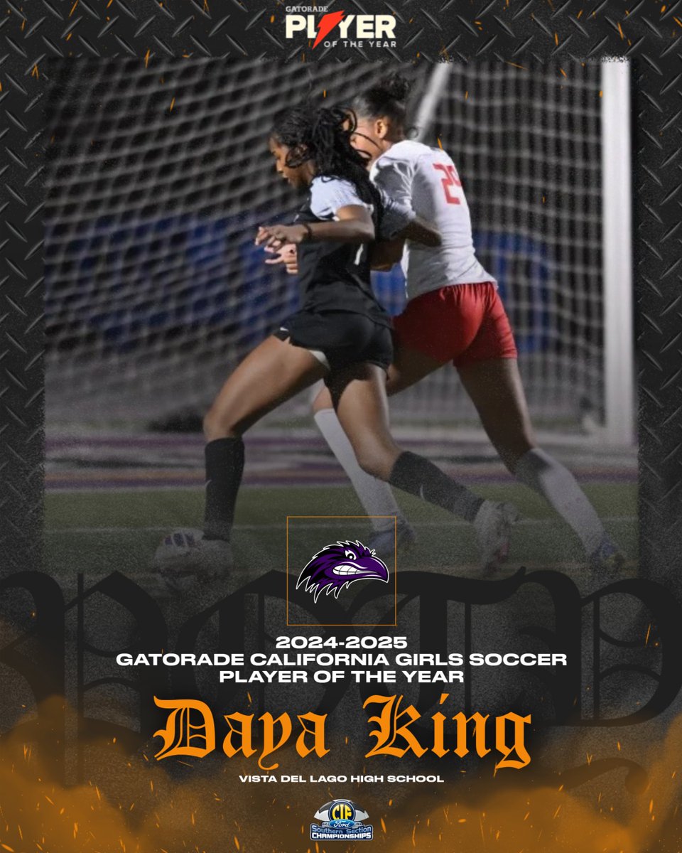CIFSS's tweet image. A HUGE congratulations to Daya King from Vista Del Lago HS for being named the 2024-2025 @gatorade California Girls Soccer Player of the Year! ⚽
Swipe➡️to read more about Daya and her accomplishments on and off the soccer field! 👀⚡️
#GatoradePOY #GatoradePartner #CIFSSSoccer