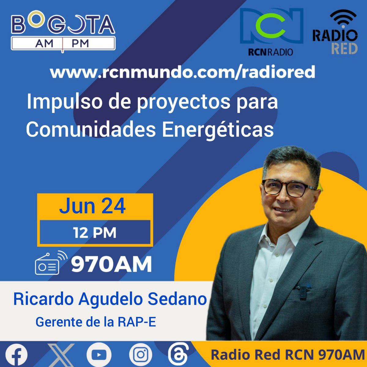 bogotaampm's tweet photo. A las 12 estaremos en #CharlasdeMartes con el gerente de la @LaRegionCentral, @Ragudelos. Hablaremos de las metas de la entidad para el próximo cuatrienio. #EnVivo por #970AM, https://t.co/4vZTYViSzP y nuestras redes sociales. https://t.co/rn8kBy1uvY