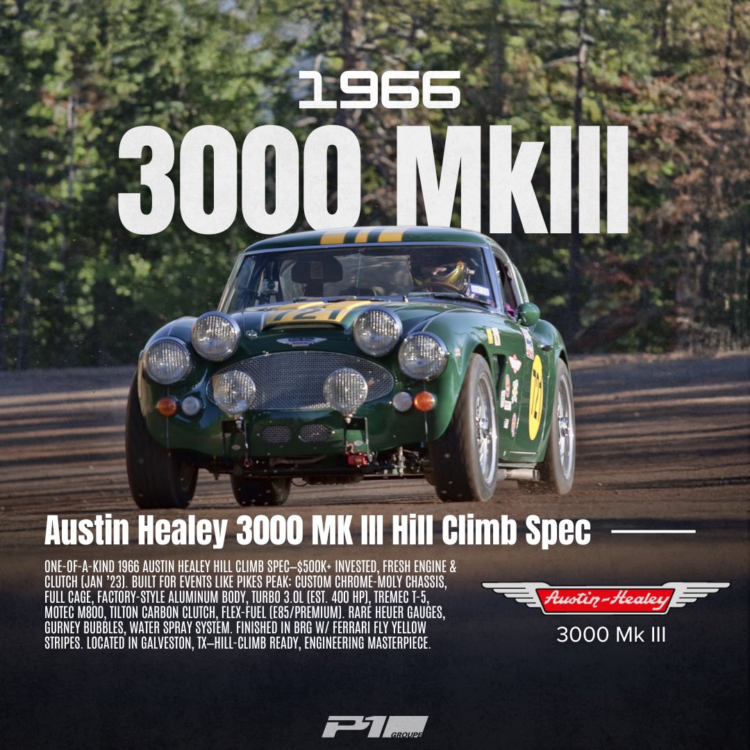 P1Groupe's tweet image. FS: 66’ Austin Healey 3000 MkIII - Hill Climb Spec
💥 REDUCED: $114,900
📍 Texas

$500K+ build: Turbo 3.0L (400hp), T5, Motec, Tilton clutch, alloy body, cage—Pikes Peak-ready! Fresh engine &amp;amp; clutch (’23).

👉 P1Groupe.com
#racecar #hillclimb #PikesPeak #carsforsale