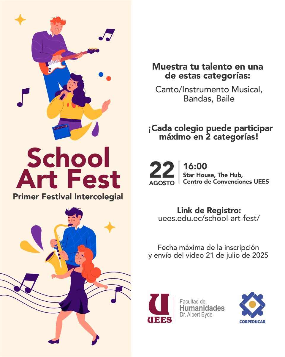 🎨 ¡School Art Fest!

La UEES invita a todos los colegios a ser parte del Primer Festival Intercolegial de Arte, un espacio para celebrar el talento joven en música, danza, teatro, pintura y más. 🎭 🎶

📅 22 de agosto
🕟 16:00
📍 Star House, The Hub y Centro de Convenciones UEES