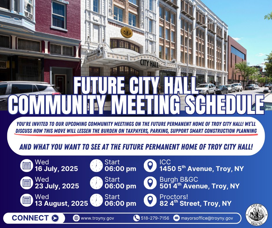 📣 As promised, Mayor Mantello has announced 3 public meetings to discuss the future permanent home of City Hall at the historic Proctors Theatre!

This move ends a costly rental, saving taxpayers $$ and preserving a Troy landmark. Come share your input!