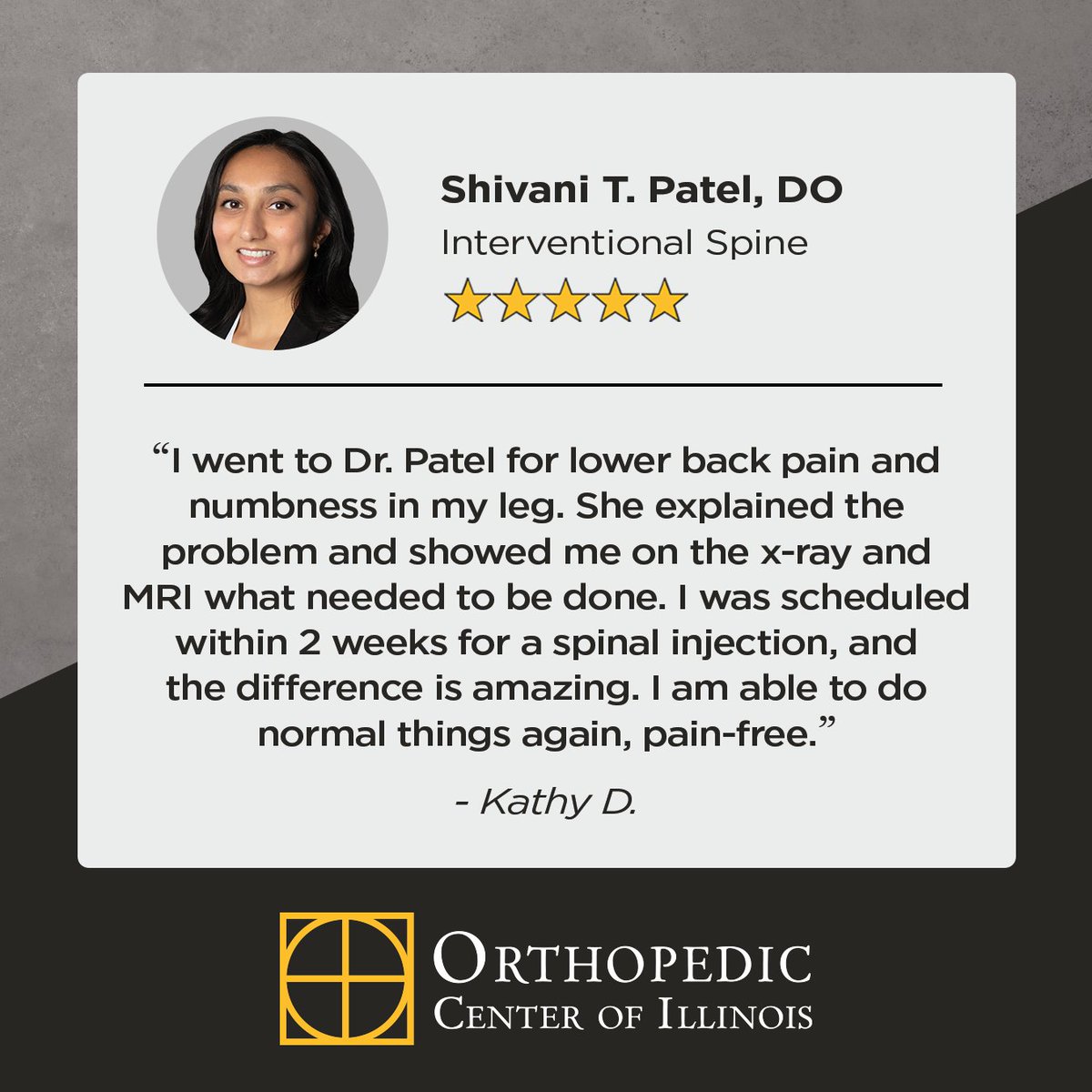 #TestimonialTuesday ⭐ | We’re grateful for our patients and their thoughtful feedback! Today, we’re sharing this great review from a patient of Dr. Shivani Patel:

#AskForOCI #MoveBetterLiveBetter #PatientFeedback