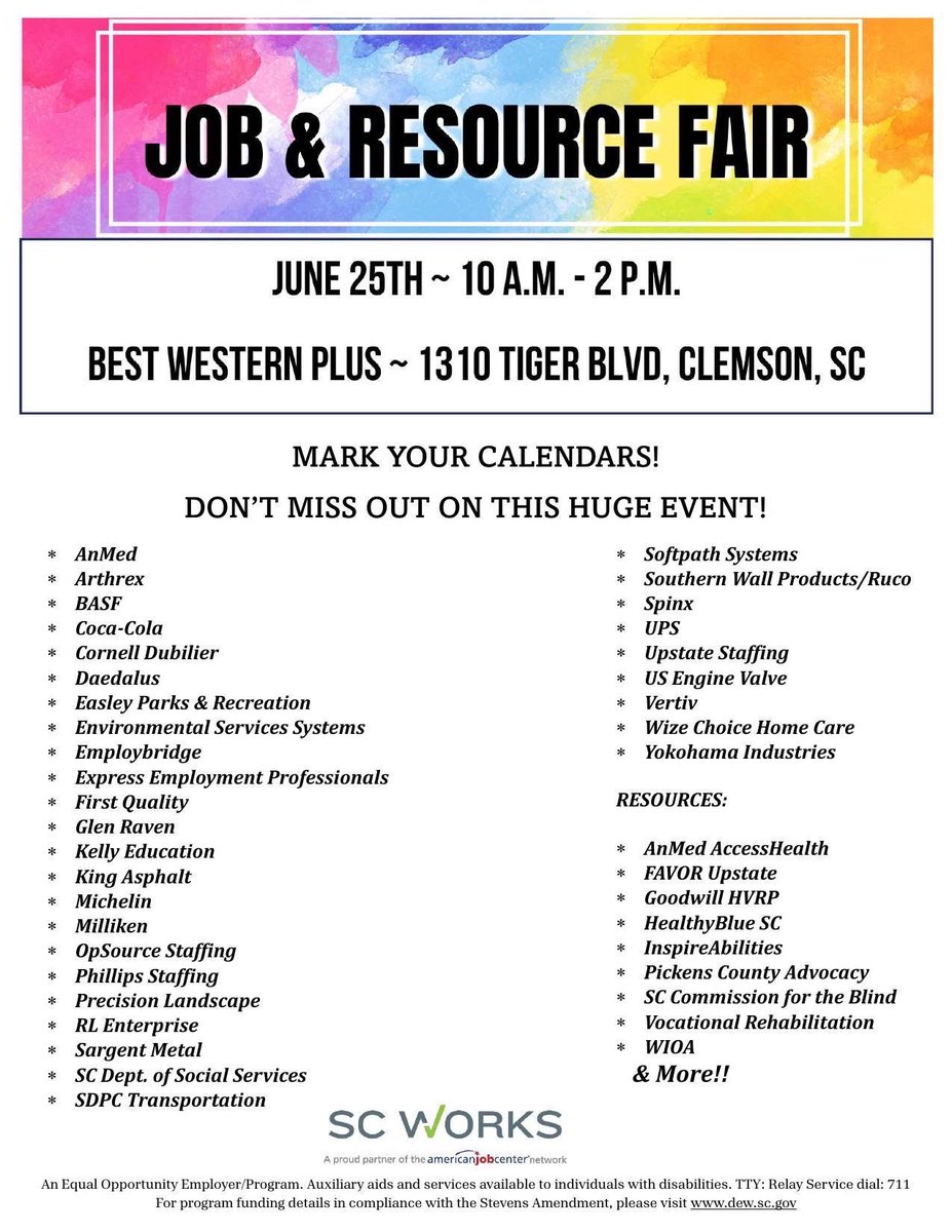 Ocdpscdems's tweet image. TOMORROW! 🎉
Job &amp;amp; Resource Fair
📍 Best Western Plus, Clemson
🕙 10AM–2PM
Employers + resources onsite! Bring your resume &amp;amp; come ready.
#SCWorks #JobFair #ClemsonJobs #UpstateSC #OCDP #CareerFair