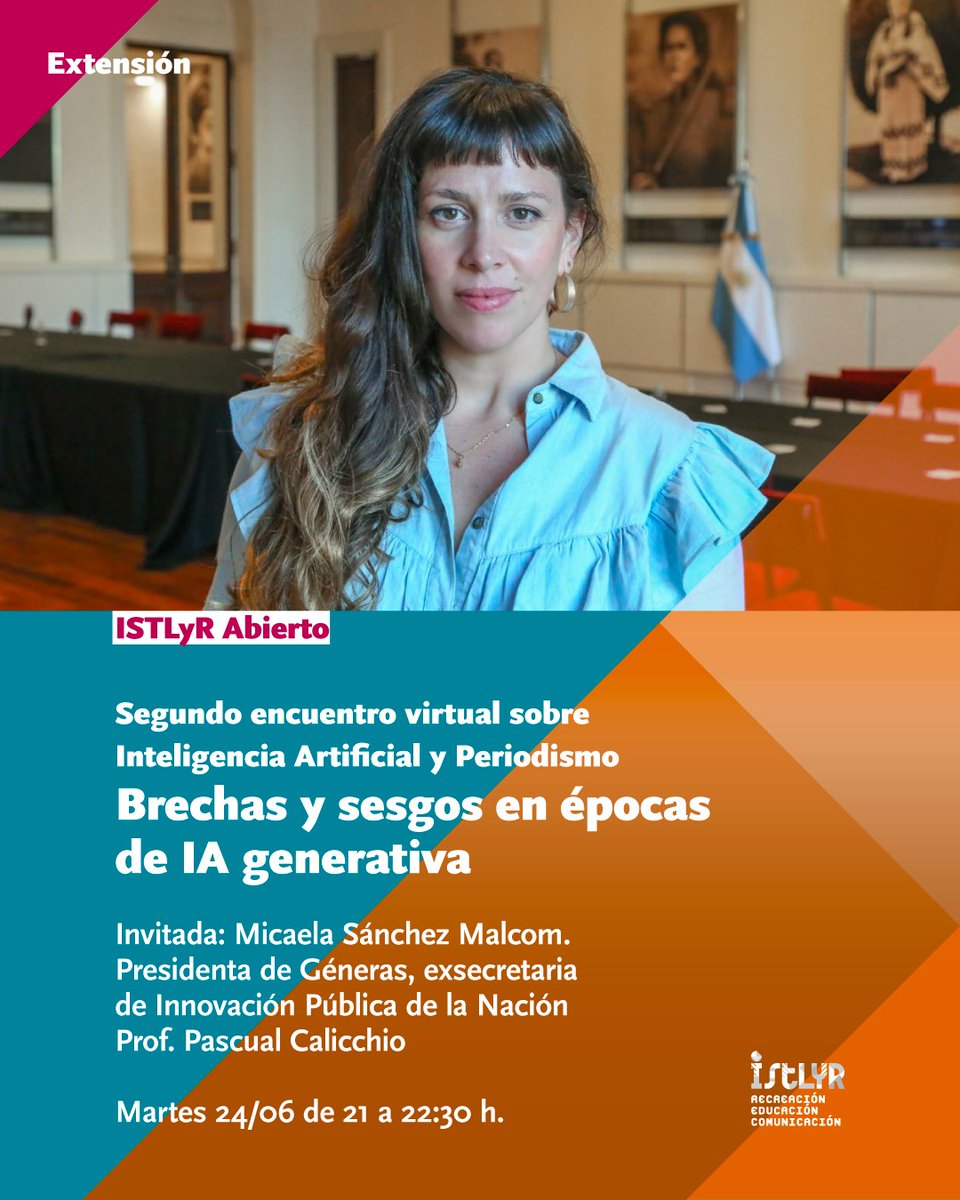 Pascual Calicchio (@pascualicchio) on Twitter photo Todavía estás a tiempo. Hoy tenemos Clase abierta virtual en el #ISTLyR | “Brechas y sesgos en épocas de #IA generativa” con <a href="/micasmalcolm/">Micaela Sánchez Malcolm</a>. La clase forma parte del seminario "Periodismo e Inteligencia Artificial".
📷 Mar 24/6 - 21 h 📷 Inscribite: acortar.link/df0eaS Todavía estás a tiempo. Hoy tenemos Clase abierta virtual en el #ISTLyR | “Brechas y sesgos en épocas de #IA generativa” con <a href="/micasmalcolm/">Micaela Sánchez Malcolm</a>. La clase forma parte del seminario "Periodismo e Inteligencia Artificial".
📷 Mar 24/6 - 21 h 📷 Inscribite: acortar.link/df0eaS