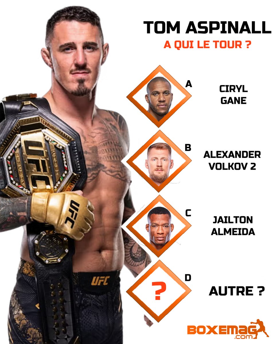 Contre qui Tom Aspinall 🇬🇧 devrait-il faire la première défense de sa ceinture de champion des poids lourds de l'UFC ?

A - Ciryl Gane 🇫🇷
B - Alexander Volkov 🇷🇺
C - Jailton Almeida 🇧🇷
D - Autre ?

#ufc #champion