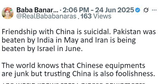 🚨 One can very well imagine the pain of the Indians. It’ll take them ages to recover from the trauma of 6th May, guided by the sweet symphony of the PL-15. 

And just when the dust hadn’t even settled, came the humiliation of 10th May, after which they went crawling to the US,