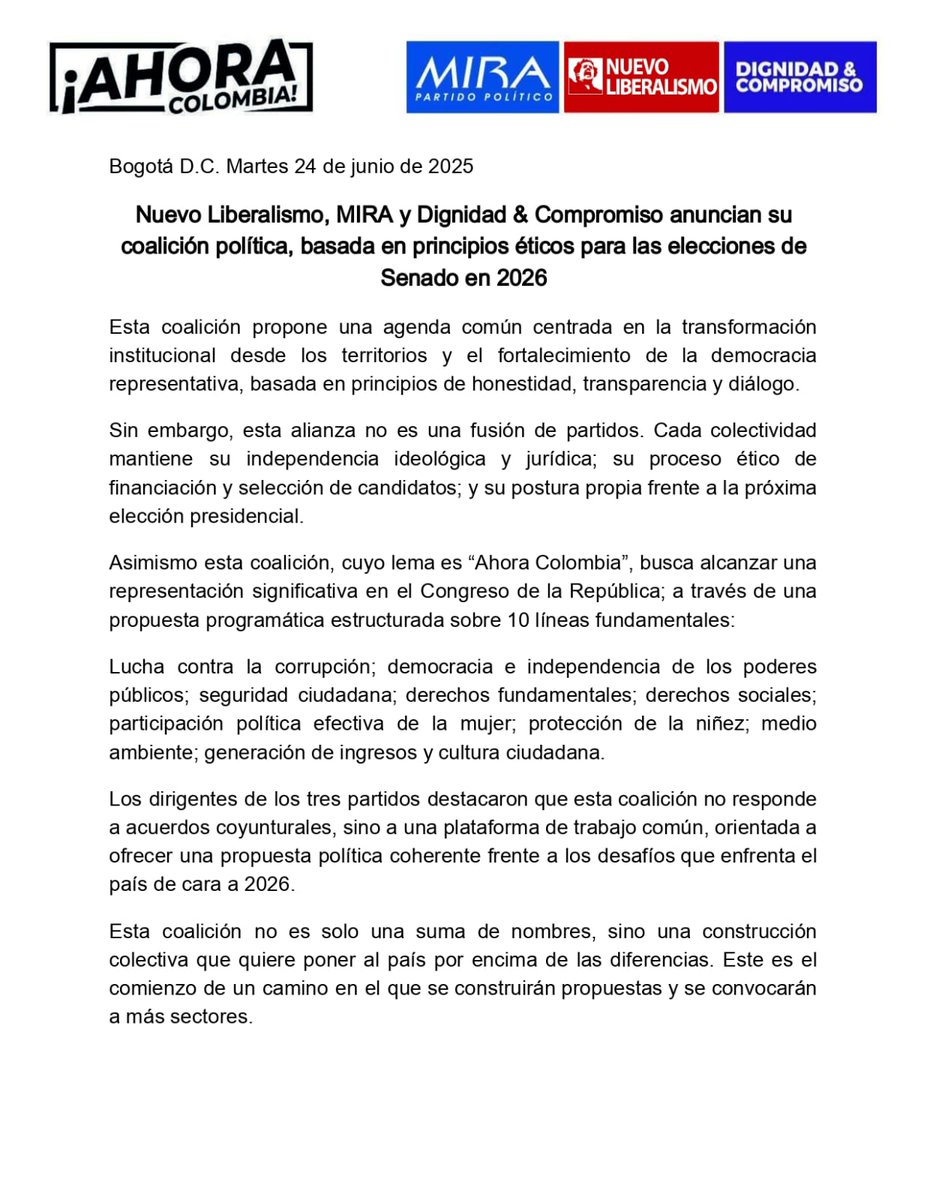 Comunicado:

<a href="/NvLiberalismo/">Nuevo Liberalismo</a>, <a href="/PartidoMIRA/">Partido MIRA</a> y @Dignidadycomp  anuncian su coalición política, basada en principios éticos para las elecciones de Senado en 2026