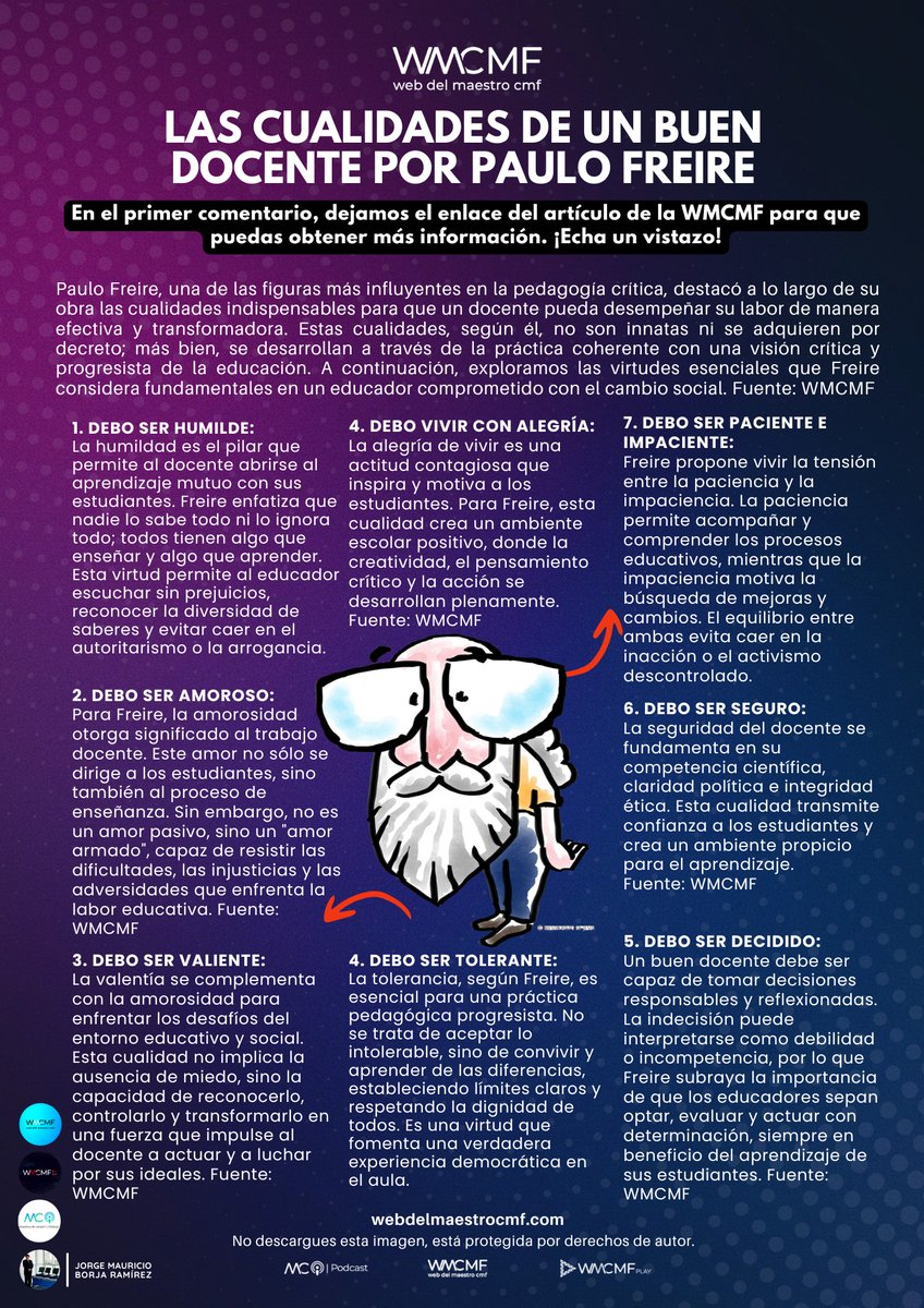 cmf_w's tweet photo. Las cualidades de un buen docente según Paulo Freire. Enlace: https://t.co/B5V40maYdY

👉 Esta imagen está protegida y no puede descargarse ni publicarse en otros perfiles. 📌✨ Para difundirla, usa el botón de compartir y así respetamos su difusión original. ¡Gracias por tu apoyo! 💙😊👈 

🔹🔹🔹

📌 1. TE INVITAMOS A SEGUIR A: Jorge Mauricio
🌐 Facebook: https://t.co/MdGF3K5eWp
🌐 LinkedIn: https://t.co/mR6jaOtDah

📌 2. SÍGUENOS EN NUESTROS GRUPOS SOCIALES
📘 Facebook Web del Maestro CMF: https://t.co/tgHmQLlWvm
📘 Facebook WMCMF Play: https://t.co/Q0ezeI8zVy
📘 Facebook Maestros de Corazón Podcast Educativos: https://t.co/vHBKIdOupJ
💼 Grupo de profesionales en LinkedIn: https://t.co/5hLQXKszHg

📌 3. ÚNETE A NUESTROS CANALES
📢 Facebook (Canal ilimitado): https://t.co/fUTZCCQTmb
📢 WhatsApp (Canal oficial): https://t.co/gL0JARokwI
📢 Telegram (Cupo ilimitado): https://t.co/nqblXTp2FI

📌 4. SÍGUENOS EN NUESTRAS REDES SOCIALES
📘 Facebook Web del Maestro CMF: https://t.co/TrSQA58HfM
📘 Facebook Maestros de Corazón Podcast Educativos: https://t.co/bq7m9No2kx
📘 Facebook WMCMF Play: https://t.co/iC67su7YVg
🐦 Twitter: https://t.co/fXs8DmvuRH
💼 LinkedIn: https://t.co/81WOqo1RG3
📸 Instagram: https://t.co/0SN3ZGH3Go
🌀 Threads: https://t.co/Muj12nwjLy
🎵 TikTok: https://t.co/rW1cPzhUko