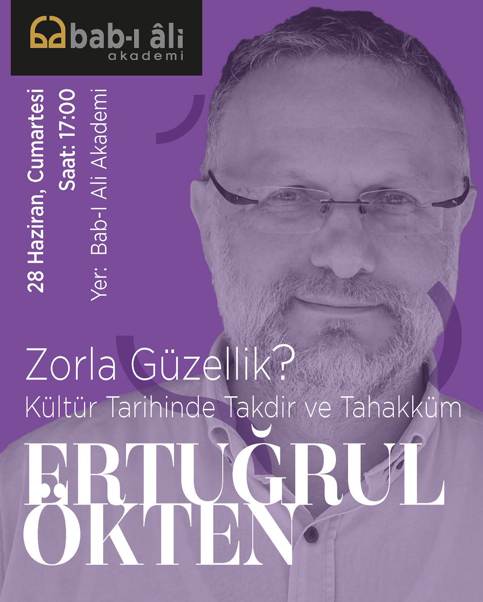 Kültür tarihçisi Ertuğrul Ökten'le bu buluşmada, takdirin tahakküme evrildiği tarihsel, kültürel ve politik zeminleri tartışıyoruz.

🗓️28 Haziran Cumartesi
⏰17.00
📍Bab-ı Âli Akademi

Kayıt ve detaylı bilgi için bio’daki linke tıklayabilirsiniz.

Kontenjan sınırlıdır!