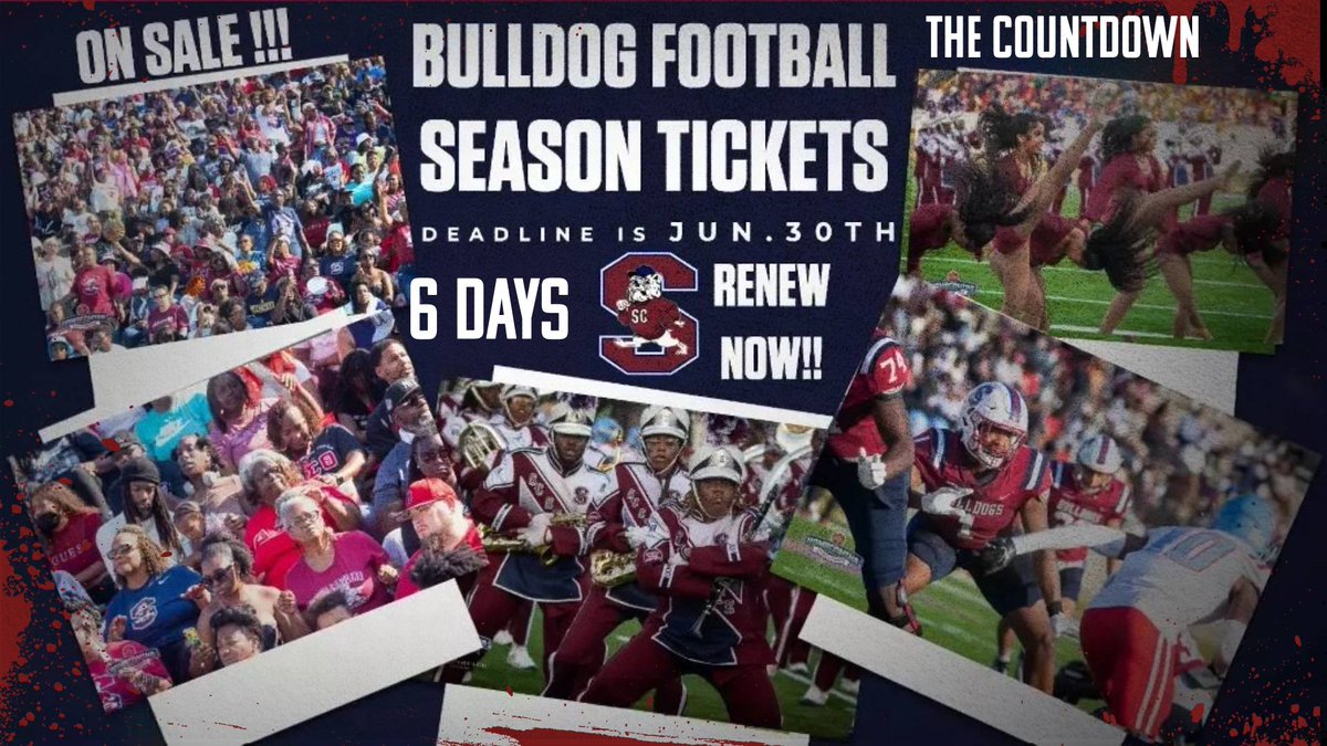 BULLDOG NATION!!! Make sure you purchase your season tickets and SAVE THE DATE for Youth Day 2025 ! The countdown has begun with six (6) days remaining to renew your season tickets. For more information contact the SC State Ticket Office at (803) 536-8579.