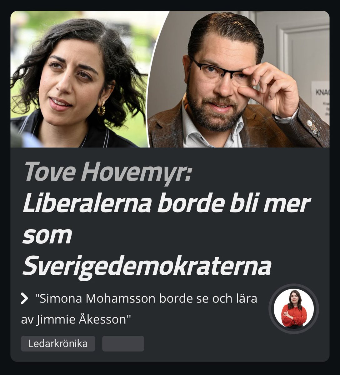 Snart är det dags för Jimmie Åkessons tal. Liberalernas nyvalda partiledare Simona Mohamsson borde se och lära av honom. På vilket sätt, undrar du?
Läs min analys, direkt från Almedalen (öppen länk):
unt.se/ledare/ledarkr…