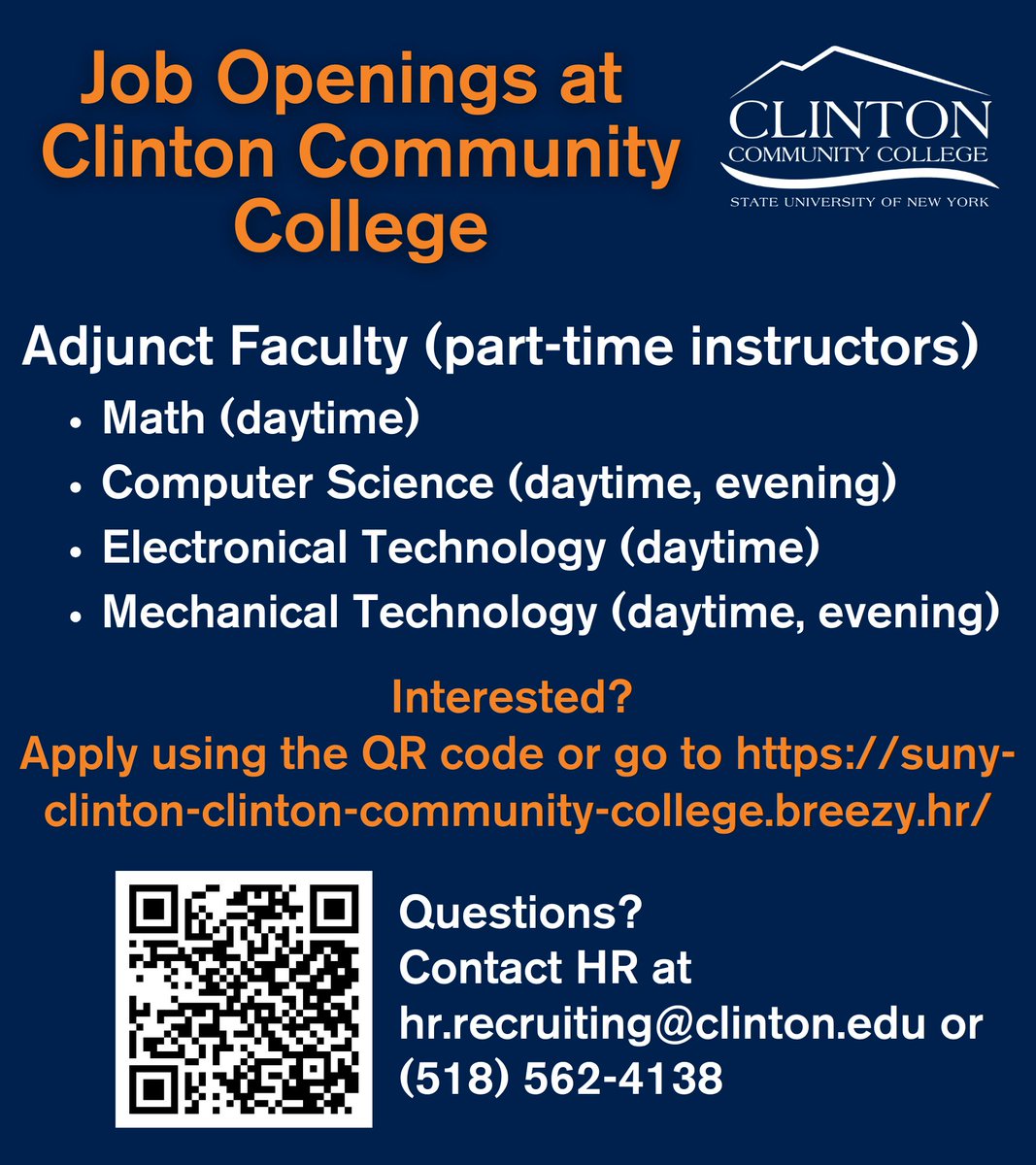 Clinton Community College is looking for adjunct faculty in math, computer science, electrical technology, and mechanical technology.

Apply now: …n-clinton-community-college.breezy.hr

Join our team where #wework and make a difference!