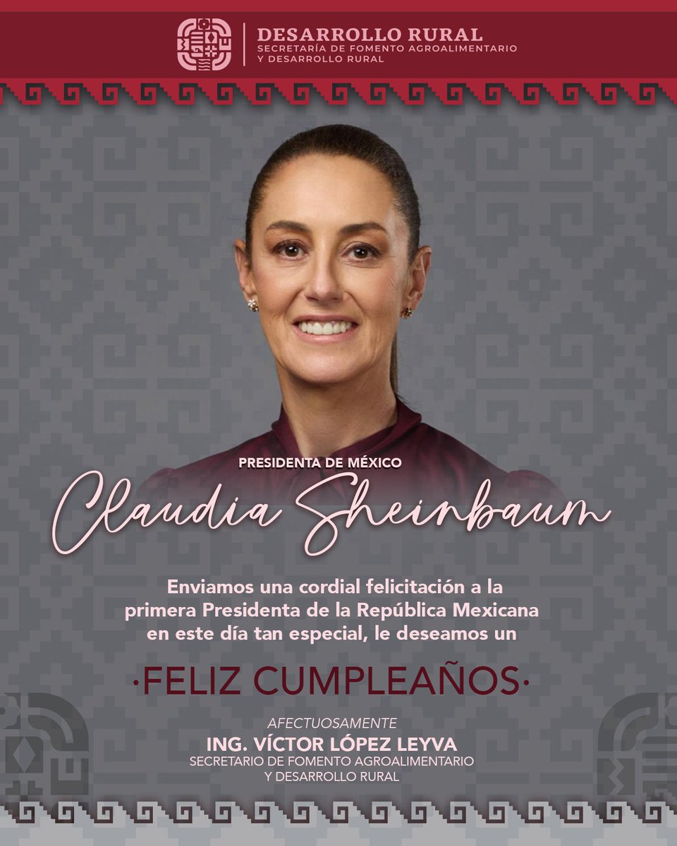 SEFADER Oaxaca (@sefader_goboax) on Twitter photo Feliz cumpleaños Presidenta <a href="/Claudiashein/">Claudia Sheinbaum Pardo</a>, nuestro secretario <a href="/LopezLeyvaV/">Víctor López Leyva</a> y el equipo #Sefader le deseamos éxito en este nuevo año de su vida. Feliz cumpleaños Presidenta <a href="/Claudiashein/">Claudia Sheinbaum Pardo</a>, nuestro secretario <a href="/LopezLeyvaV/">Víctor López Leyva</a> y el equipo #Sefader le deseamos éxito en este nuevo año de su vida.