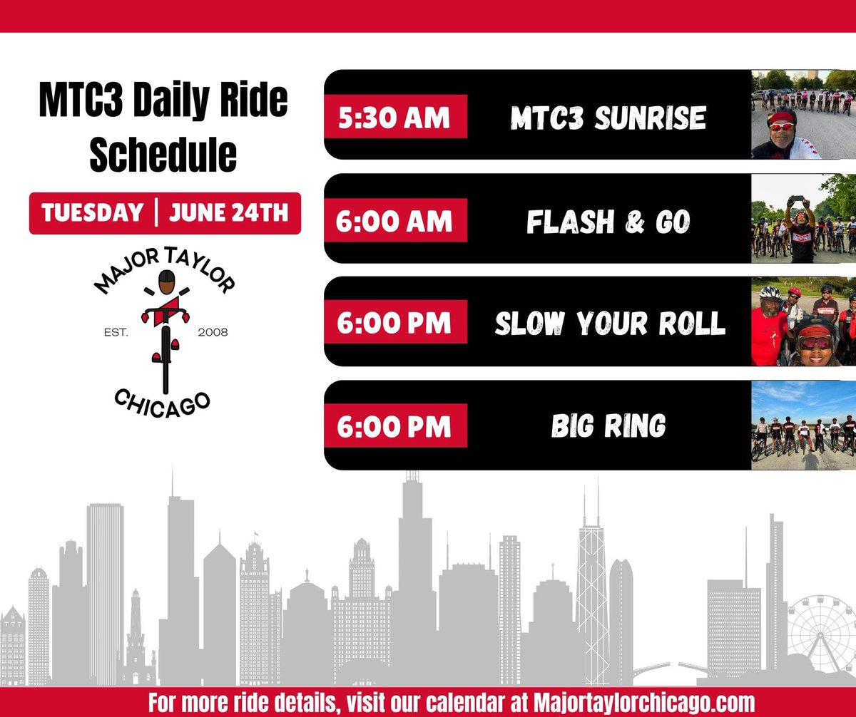 Major Taylor Chicago (@majortaylorchi) on Twitter photo Another day to get out and ride! 🚴🏿♂️ Make sure to stay hydrated in this heat! Addition Details ⬇️
MTC3 Sunrise (5:30a) majortaylorchicago.com/event/mtc3-sun…
Flash & Go (6:00a) majortaylorchicago.com/event/flash-an…
Slow Your Roll (6:00p) majortaylorchicago.com/event/slow-you…
Big Ring (6:00p) majortaylorchicago.com/event/big-ring… Another day to get out and ride! 🚴🏿♂️ Make sure to stay hydrated in this heat! Addition Details ⬇️
MTC3 Sunrise (5:30a) majortaylorchicago.com/event/mtc3-sun…
Flash & Go (6:00a) majortaylorchicago.com/event/flash-an…
Slow Your Roll (6:00p) majortaylorchicago.com/event/slow-you…
Big Ring (6:00p) majortaylorchicago.com/event/big-ring…