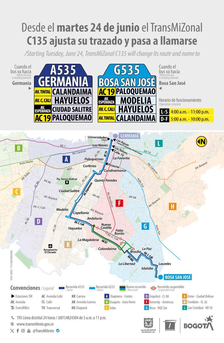 #Novedades El Servicio Zonal C135 (Bosa San José - Germania), operada por el concesionario <a href="/ETIB_SAS/">ETIB SAS</a>, implementará dos cambios operacionales: 

⚠️ Se denominará ahora Servicio Zonal G535-A535.
🚧 Ahora transitará por la Av. Guayacanes (antes Av. Tintal-Alsacia)

#sitp #etib #bosa