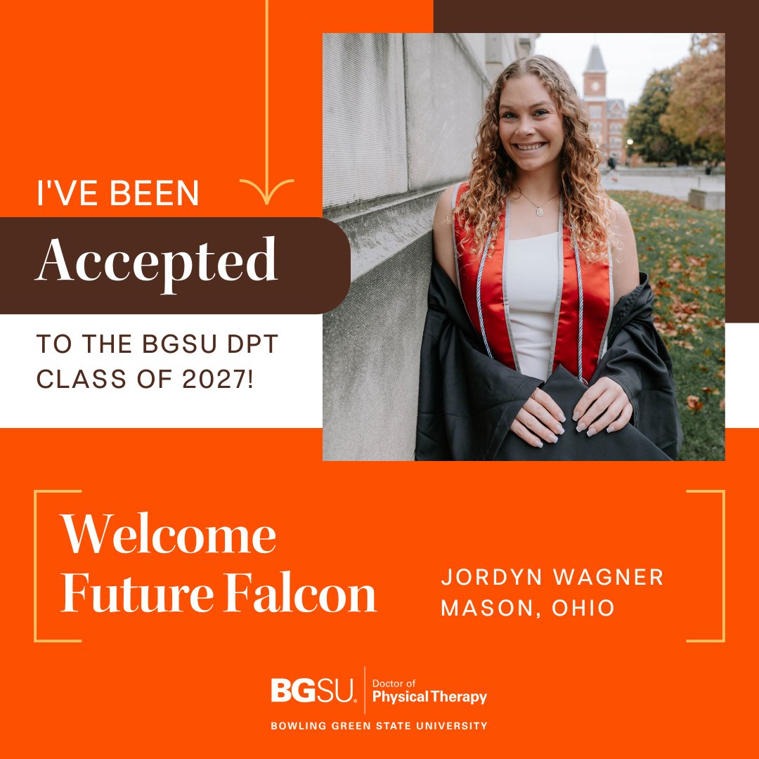 bgsudpt's tweet image. Welcome to the #BGSUDPT Class of 2027, Jordyn Wagner 🧡 

We’re excited to have them join the Falcon family and start their journey toward becoming a physical therapist. #FuturePT #DPTJourney #AlwaysBG
