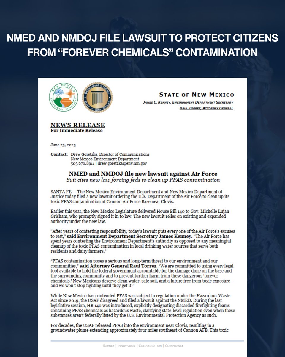NewMexicoDOJ's tweet photo. The @NMEnvDep and #NMDOJ filed a new lawsuit ordering the U.S. Department of the Air Force to clean up its toxic PFAS contamination at Cannon Air Force Base near Clovis. 
Click the link below to read more:
https://t.co/hxXoDRvtmY https://t.co/4n0Klu4Bbw