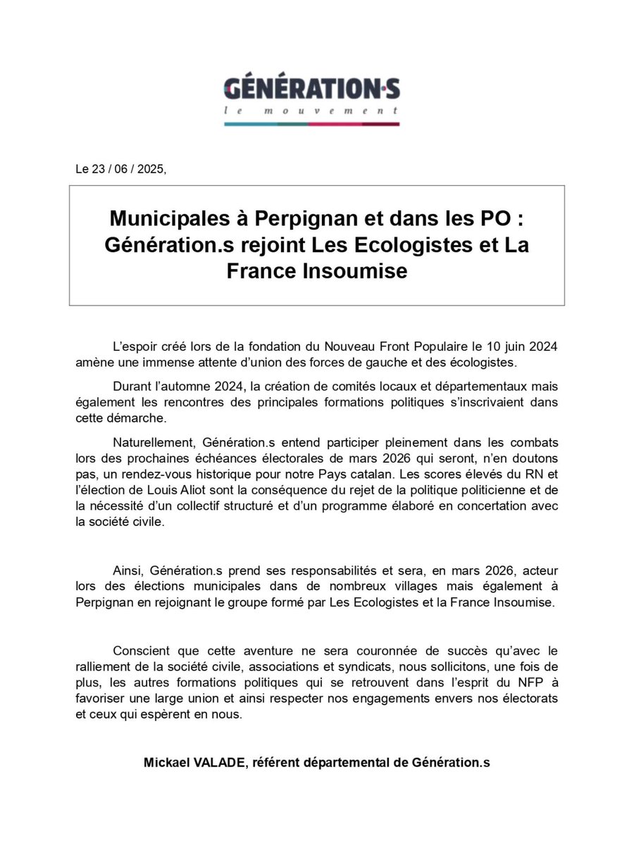 Une très belle nouvelle à Perpignan, Génération S rejoint la dynamique et l’espoir suscités par l’union des écologistes et de la France Insoumise. Hâte de travailler ensemble et merci au référent départemental Mickaël Valade pour sa cohérence !