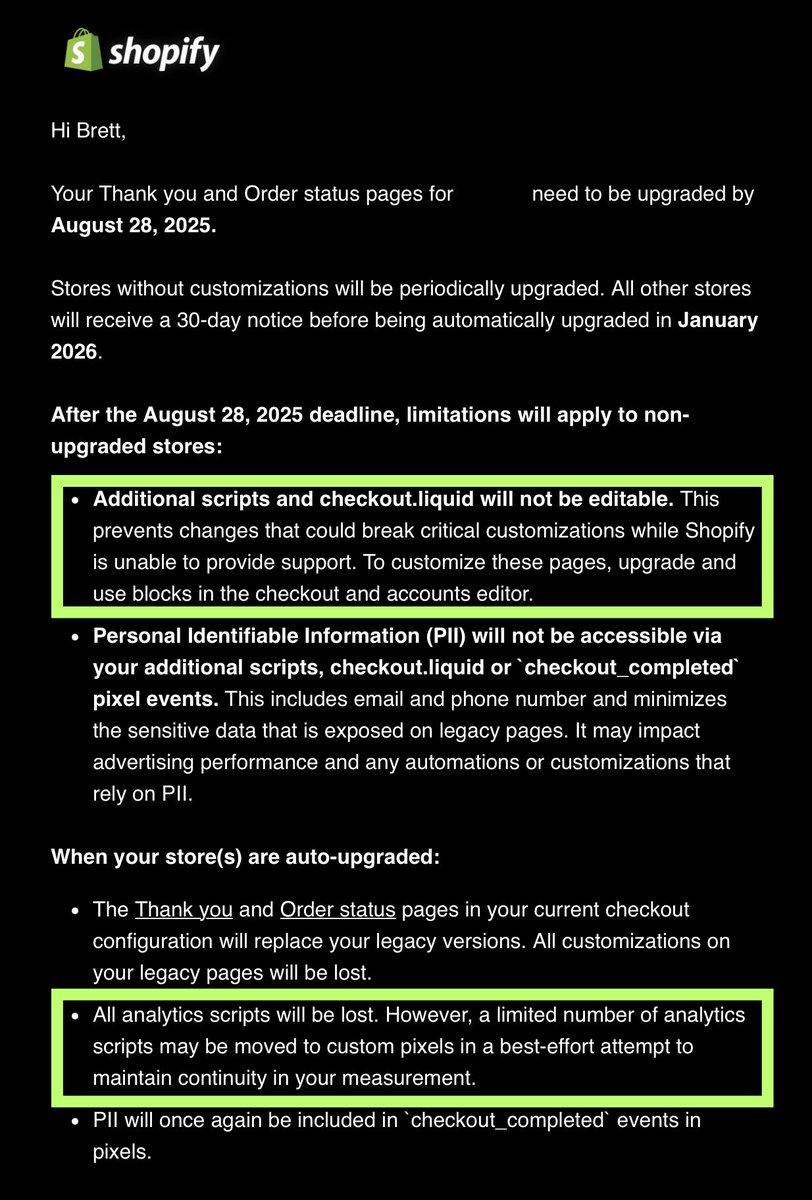 Many of you may have been receiving this email from <a href="/Shopify/">Shopify</a> this past week.  This is a PSA and friendly reminder that any conversion tracking setup in the existing "Checkout Scripts" section WILL BE GOING AWAY FOREVER on August 28th.

We've seen a LOT of clients who have Google