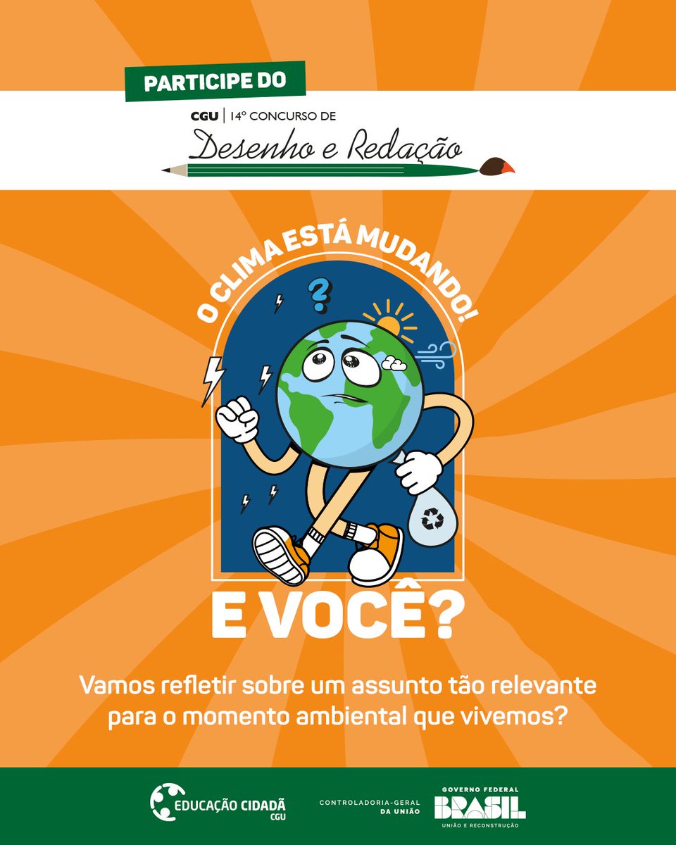 O CLIMA ESTÁ MUDANDO! E VOCÊ? 🌱 Chegou a hora de refletir, criar e agir!

🔗 Saiba mais sobre a nova edição do Concurso de Desenho e Redação da CGU:
bit.ly/44tvpTp