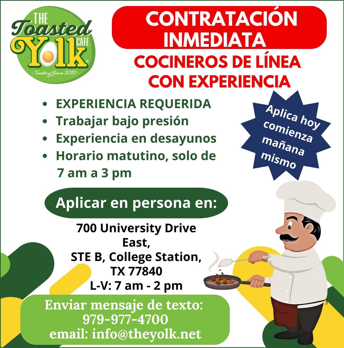 🔥 ¡Buscamos COCINEROS DE LÍNEA con talento y pasión por el desayuno! 🥓🍳 ¿Tienes experiencia, te gusta madrugar y brillas bajo presión? 💪 📲 ¡Aplica HOY y empieza MAÑANA! ¡Tu lugar está en nuestra cocina! 👨‍🍳👩‍🍳