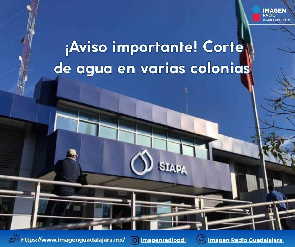 El SIAPA informa que, habrá suspensión de suministro de agua en varias colonias del 23 al 25 de junio. 👉Colonias afectadas: Arboledas, Bosques de la Victoria, Jardines de la Cruz, Conjunto Habitacional Mariano Otero, Residencial del Bosque
Mantente informado con Imagen GDL.