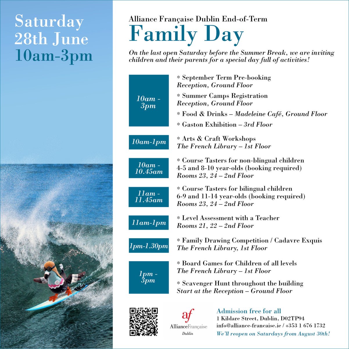 Here's the full programme of activities at our End-of-Term Family Day for the last open Saturday of the Summer!
Admission free anytime between 10am and 3pm, no booking required except for the children course tasters – registration 👉 bit.ly/4jWnBO4