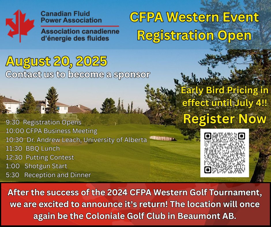 The CFPA Western Event is back. Registration is now open. Join us at the Coloniale Golf Club in Beaumont AB. on August 20.
#CFPA #fluidpower #golf #canada #hydraulics #networking #pneumatics #manufacturing #industry