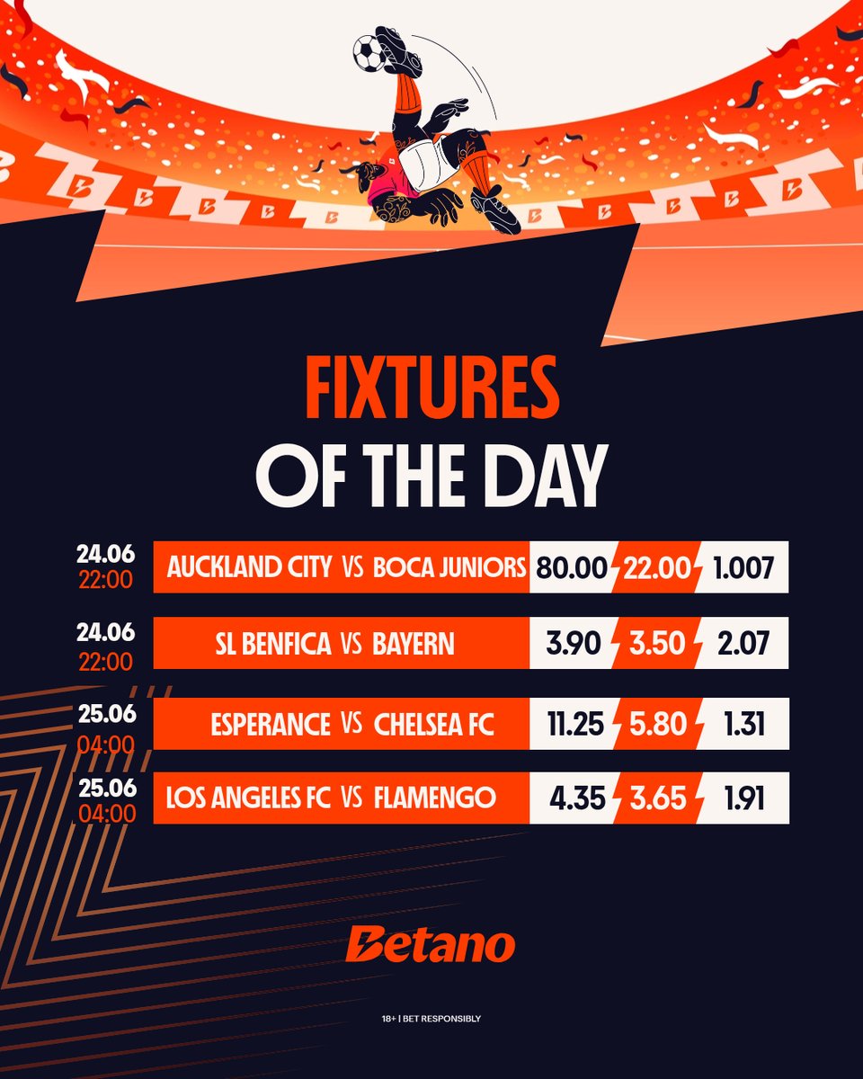 Betano_Nigeria's tweet photo. Tonight’s FIFA Club World Cup action is heating up with 4 thrilling matchups and odds, including the #SuperOdds on Benfica-Bayern. Big games, bigger wins. ⚽🔥
Make your predicions now in https://t.co/JHjDqmD1g0 🤑
#FIFAClubWorldCup #SuperOdds #BetanoNigeria https://t.co/kGvq9QolVa
