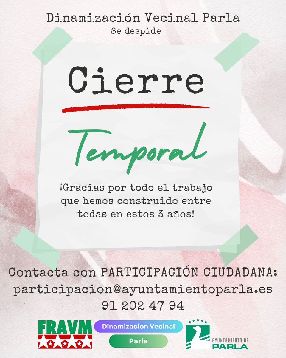 Cierre temporal desde el 25 de junio de 2025. Nos despedimos. ¡Muchas gracias por el trabajo que hemos construido juntas estos 3 años! 
Si lo necesitas contacta con Participación Ciudadana: participacion@ayuntamientoparla.es o en 91 202 47 94.
<a href="/AytoParla/">Ayuntamiento de Parla</a> @fravm_madrid