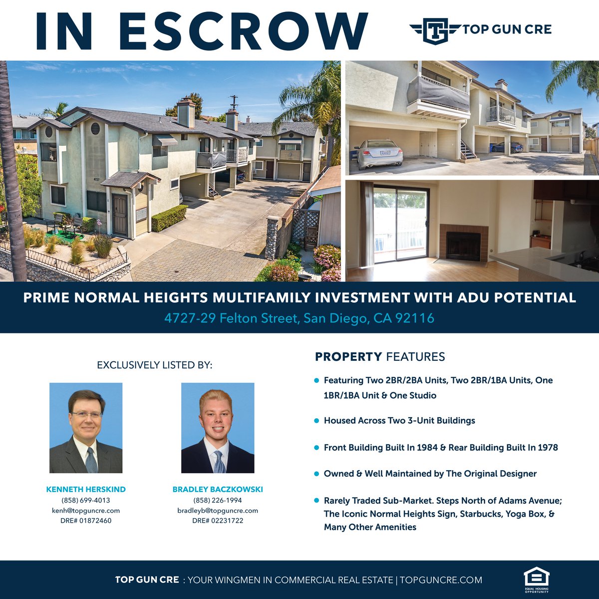 In Escrow: 4727-29 Felton Street San Diego, CA 92116

Check out our website for available units.

TopGunCRE.com

#CommercialRealEstate, #CRE, #realestateinvestments, #propertydevelopments,
#sandiegorealestate #multifamilyrealestate