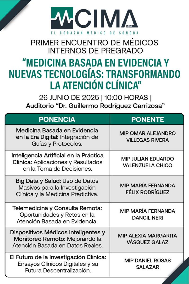 Les invitamos al  Primer Encuentro de Médicos Internos de Pregrado: “Medicina basada en evidencia y nuevas tecnologías: transformando la atención clínica” este jueves 26 de junio a partir de las 10am.

Acompáñanos en este espacio de intercambio académico donde médicos internos