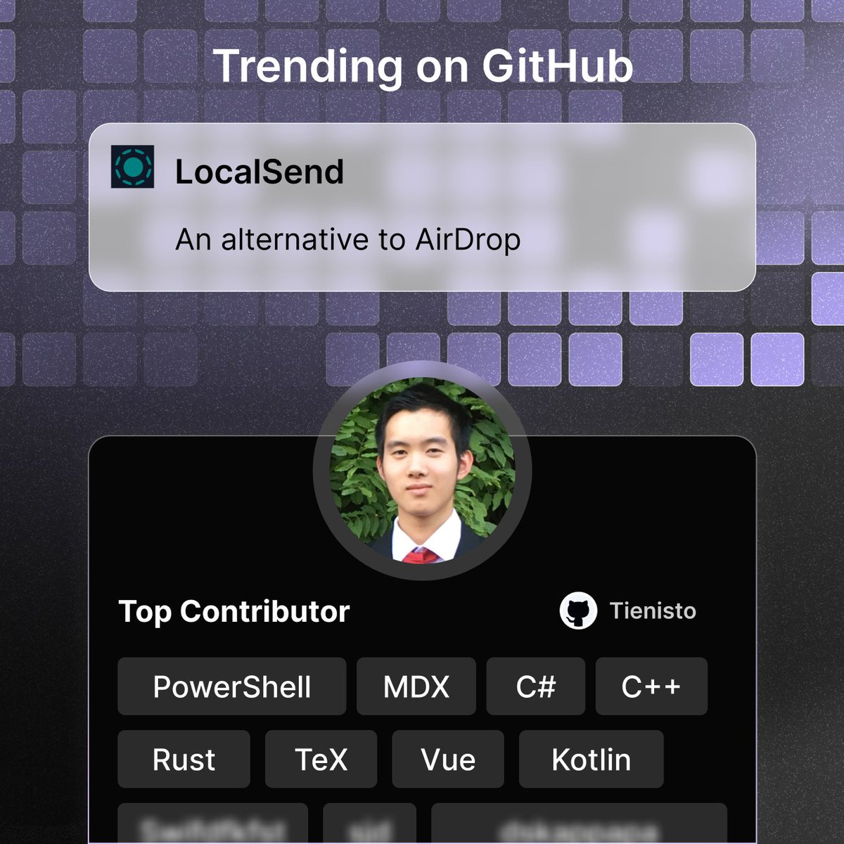 getprogai's tweet image. Trending on GitHub lately: LocalSend


An open-source cross-platform alternative to AirDrop



Top contributor: Tien Do Nam