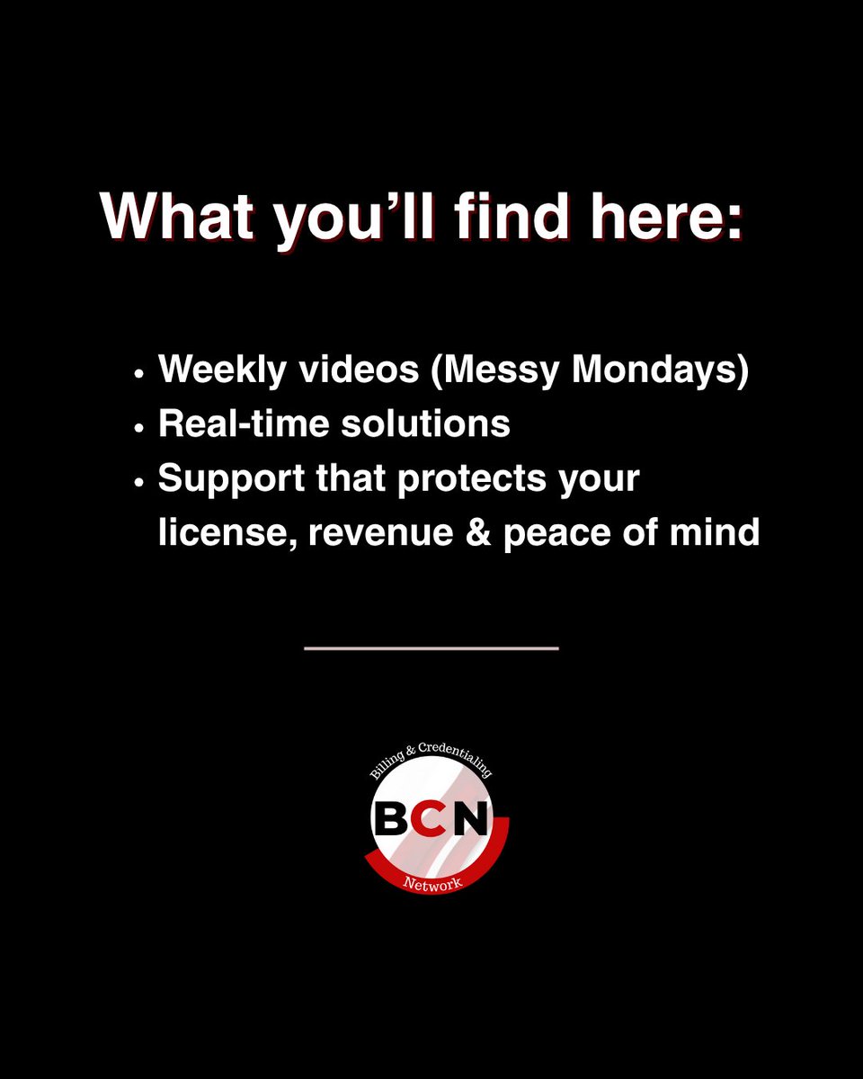 bcnnetwork21's tweet image. New here? Welcome to BCN — where we simplify billing + credentialing for healthcare providers.
✅ Weekly education
✅ Real support
✅ Compliance clarity
DM “BCN” or visit bcnetw.com to get started. #HealthcareBilling #CredentialingHelp #MessyMondays #MedicalBilling