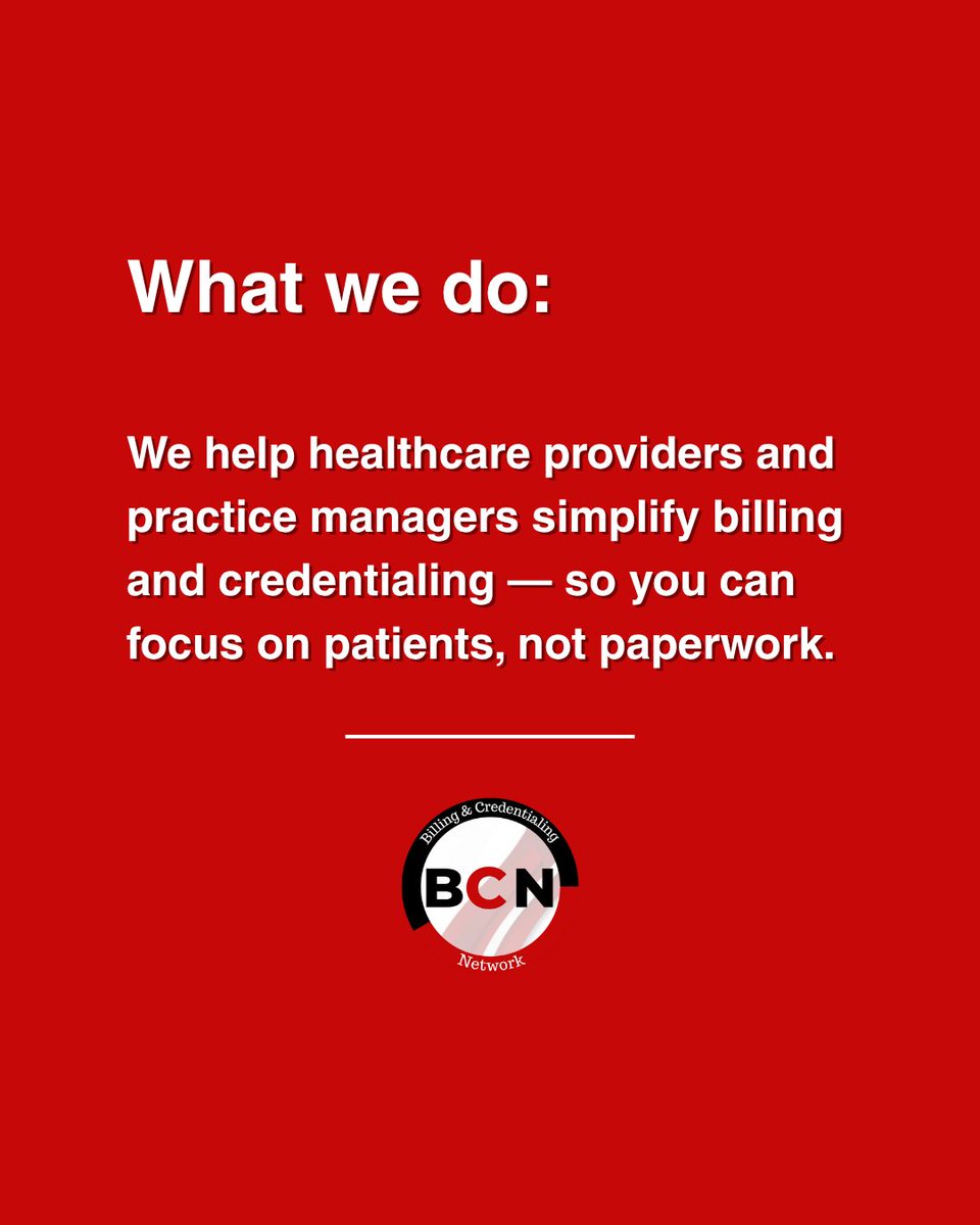 bcnnetwork21's tweet image. New here? Welcome to BCN — where we simplify billing + credentialing for healthcare providers.
✅ Weekly education
✅ Real support
✅ Compliance clarity
DM “BCN” or visit bcnetw.com to get started. #HealthcareBilling #CredentialingHelp #MessyMondays #MedicalBilling