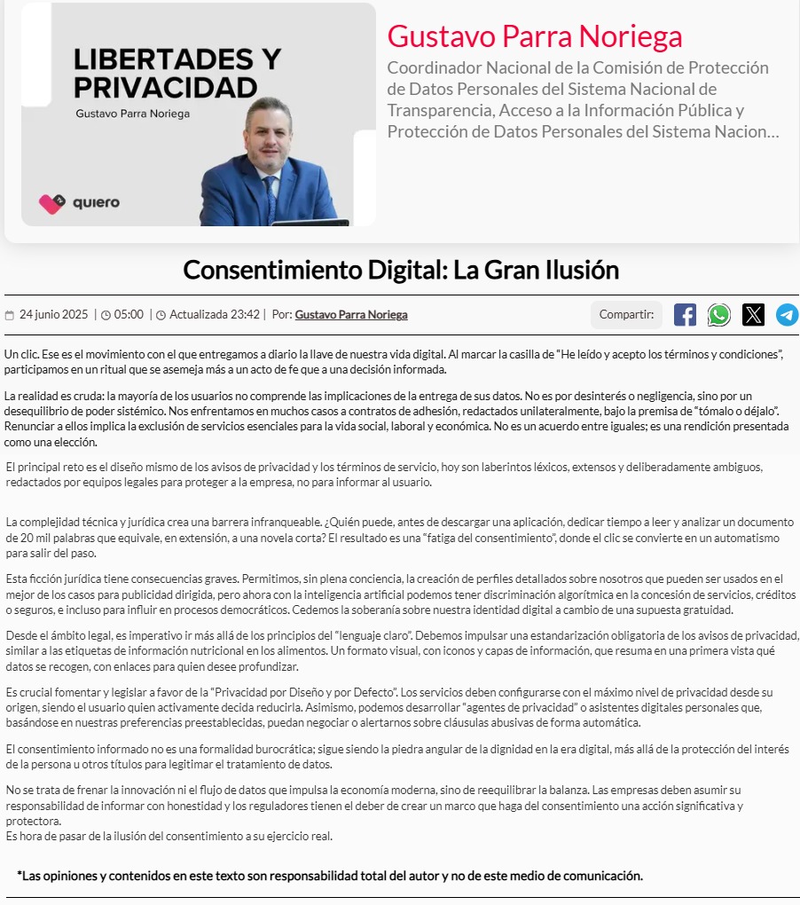 💼📢 Comparto contigo mi artículo de #Opinión, en la columna Libertades y Privacidad en <a href="/quierotv_gdl/">quiero tv</a>. 
"Consentimiento Digital: La Gran Ilusión". 
Visita 👉🏼 goo.su/BmNeL