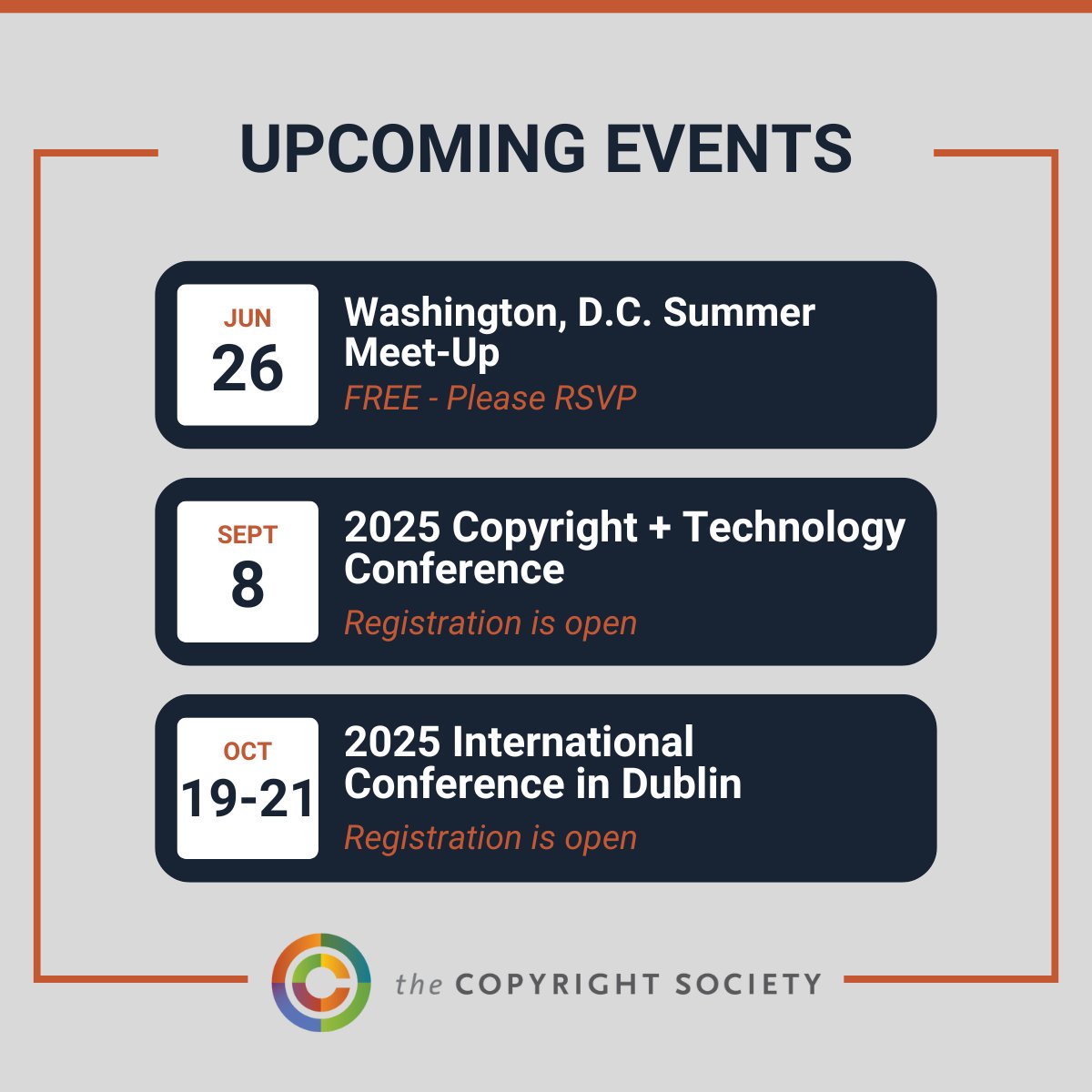 Get ready for a series of engaging discussions, expert insights, and fantastic #networking opportunities!

📅 Mark your calendars and register! ➡️ copyrightsociety.org/calendar

#CopyrightSociety #Copyright #CopyrightTech #Networking