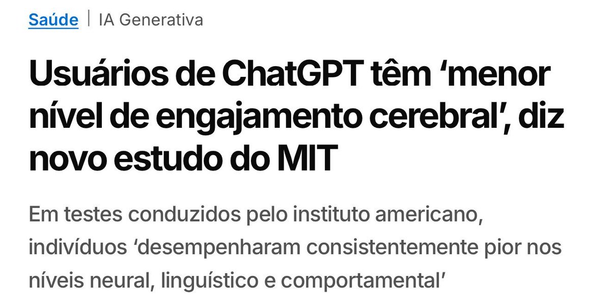 igoreckert's tweet photo. "O MIT FEZ A PRIMEIRA ANÁLISE DO CÉREBRO DE USUÁRIOS DO CHATGPT E OS RESULTADOS SÃO ASSUSTADORES"

Duvido que seja mais assustador do que a análise do cérebro das pessoas que compartilham notícias assim sem sequer ABRIR o artigo pra ler... 🤷‍♂️