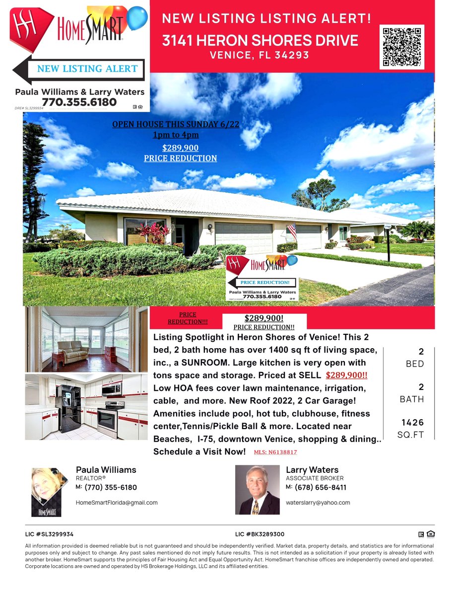 MoveHomeAtlanta's tweet photo. Atlanta Friends, are you looking for a Vacation , Retirement or Investment Home in Venice FL? Check out this 2 BR, 2 Bath/Sunroom Villa Over 1400 sq. ft? Move In Ready for $289,900 Partial Furnished! @HomeSmartIntl  Let's Chat! https://t.co/Ctn11XjzM6 https://t.co/aei5eWu6ku