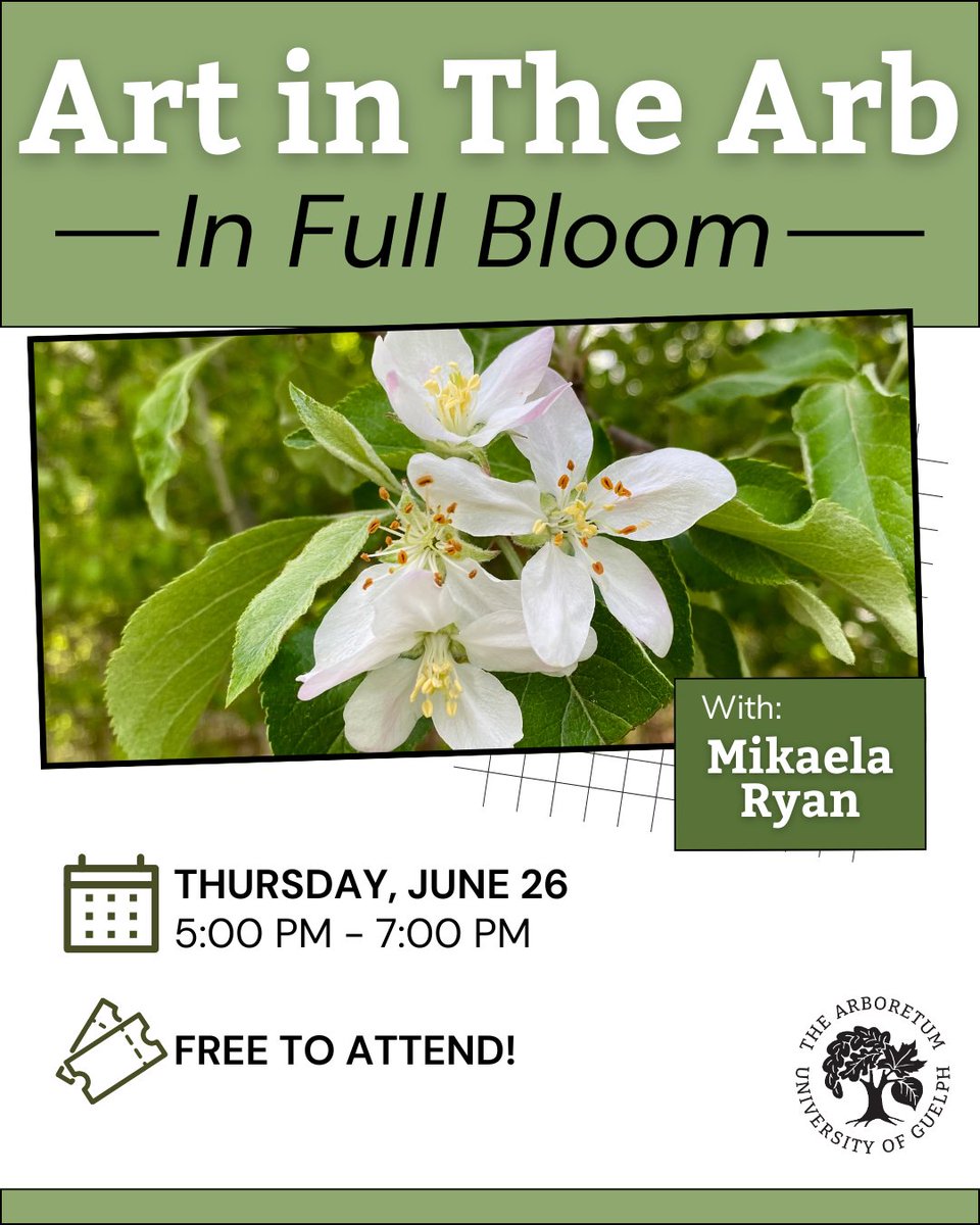 Art in the Arb: In Full Bloom
Thursday, June 26, 2025
5 PM - 7 PM
Format: In-Person
Host: Mikaela Ryan
Fee: Free or donate what you can! (all proceeds go to The Arboretum)
Register here: arboretum.uoguelph.ca/educationandev…
#UoGArboretum #UofG #Guelph #ExploreGuelph