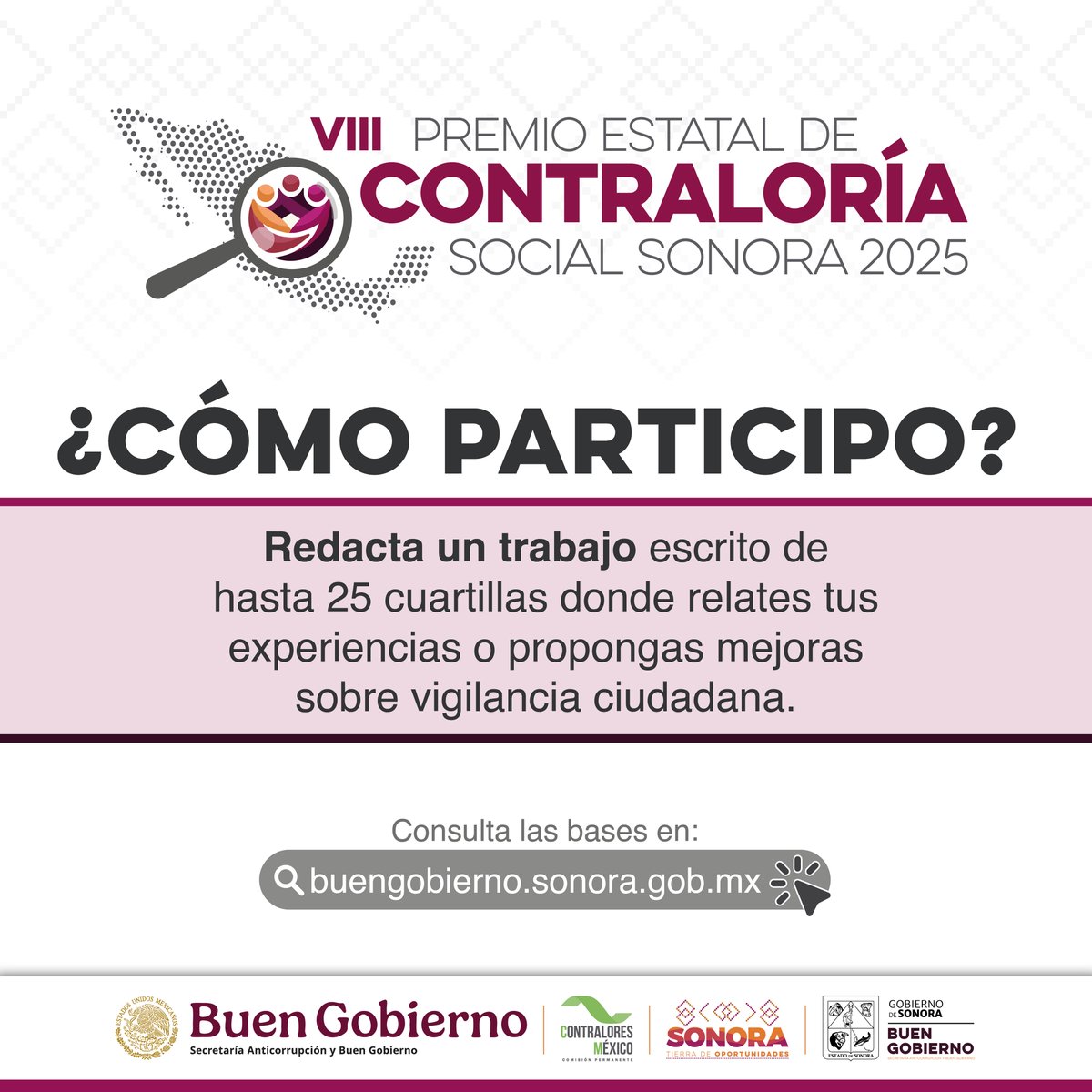 buengobiernoson's tweet image. Es muy sencillo participar en el Premio de #ContraloríaSocial Sonora 2025, donde te puedes llevar hasta 100 mil pesos como premio. Más información en 👉 buengobierno.sonora.gob.mx.

La #TierraDeOportunidades fomenta y reconoce la #ParticipaciónCiudadana.